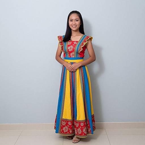 Photograph of a smiling woman with long black hair, wearing a colorful, embroidered, short-sleeve dress with red, yellow, and blue stripes