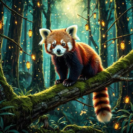 Baby Red Panda on Mossy Branch in Enchanted Forest Baby Red Panda on Mossy Branch in Enchanted Forest