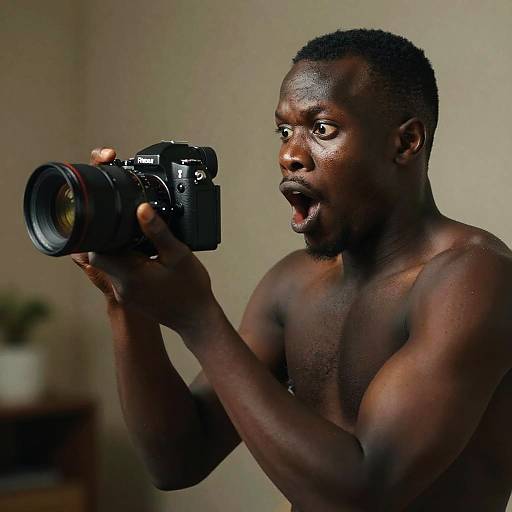 Photograph of a muscular, shirtless Black man with short hair, holding a camera and looking surprised, against a blurred beige wall.