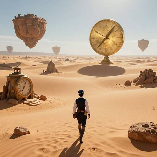 Photograph of a lone adventurer in Victorian attire, facing oversized clock and floating stone structures in a sunlit desert.