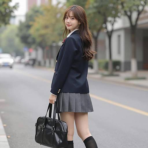 Asian Schoolgirl in Uniform on Street