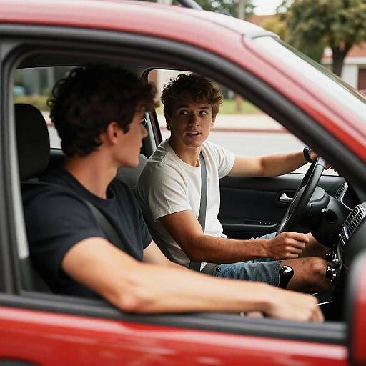 Young Men Conversing in Red Car