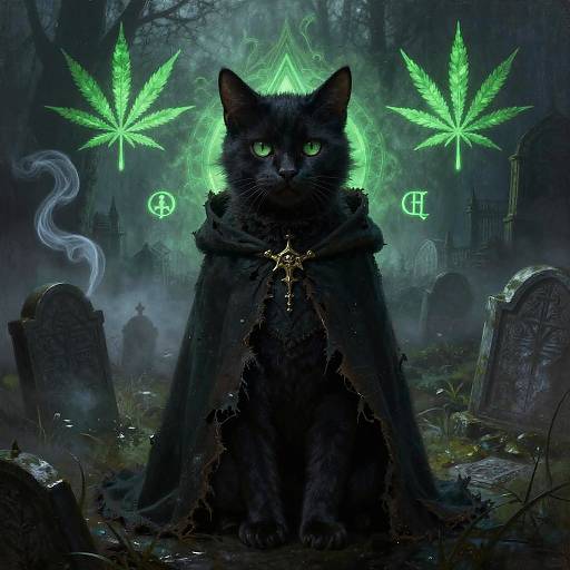 Mysterious black cat with glowing green eyes, wearing a tattered cloak, stands in a foggy, haunted graveyard with glowing cannabis leaves and cryptic