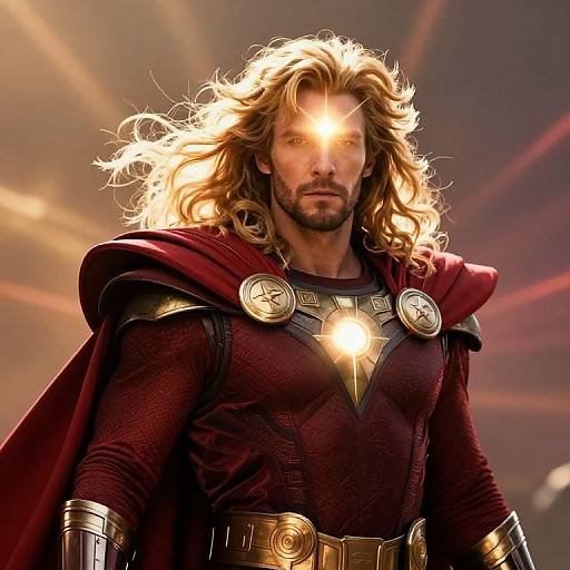 CGI image of a muscular man with long, flowing blonde hair, glowing eyes, wearing a red cape, metallic chest armor, and a star emblem