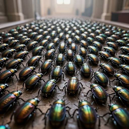 Photograph of a large, shimmering, iridescent beetle swarm covering a textured, wooden floor in a dimly lit, grand hall.