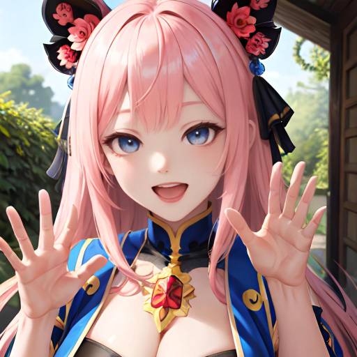 Anime-style digital illustration of a surprised pink-haired girl with blue eyes, large breasts, wearing a navy and white uniform, waving against a bright blue sky