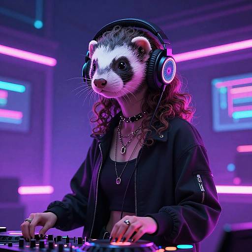 Digital artwork of a woman with a ferret mask, wearing headphones, black hoodie, and necklaces, DJing in a neon-lit room.