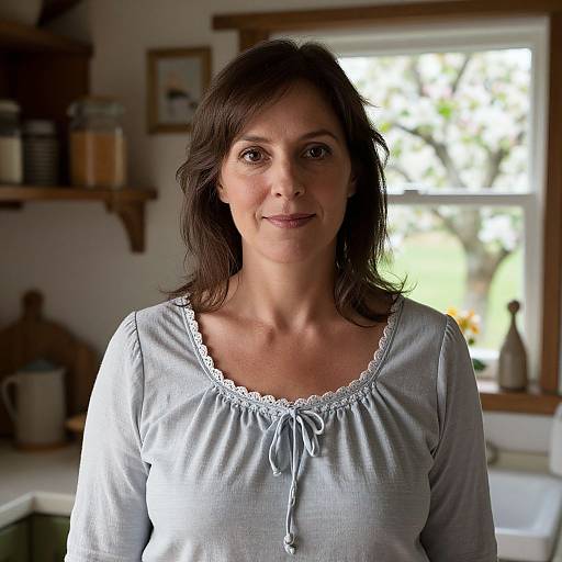 Photograph of a middle-aged woman with dark brown hair, wearing a light blue, lace-trimmed blouse, standing in a cozy kitchen. Bright