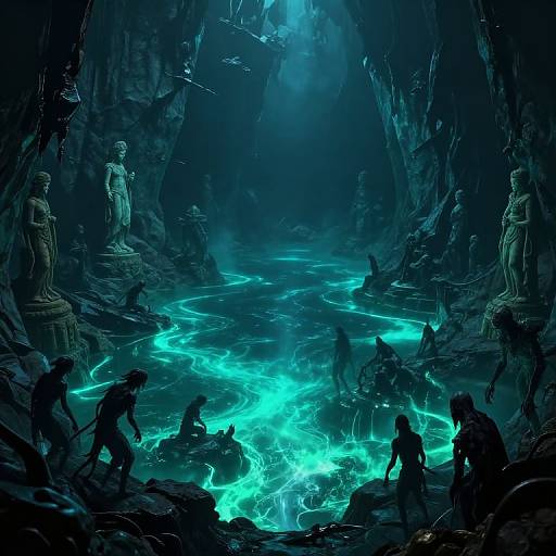Digital fantasy artwork of a dark cave with glowing turquoise water, silhouetted figures, and statue-like beings, illuminated by ethereal light.