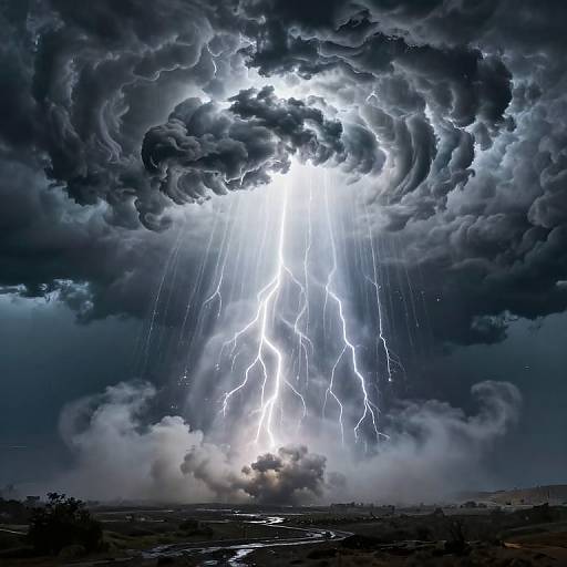 Photorealistic digital art of a dramatic thunderstorm with bright lightning bolts piercing dark, swirling clouds over a cloudy, rainy landscape.