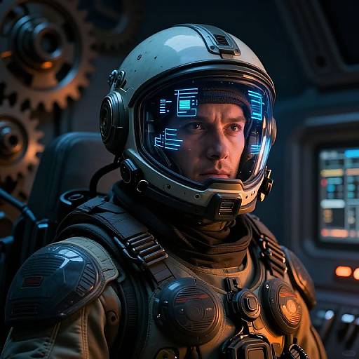 Photograph of a serious male astronaut in a white helmet with blue digital display, wearing bulky space suit, in a dimly lit, futuristic control room