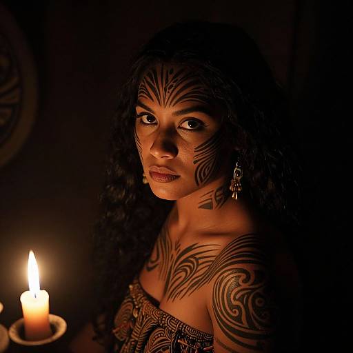 Photograph of a woman with dark curly hair, tribal face and body paint, wearing ornate jewelry, illuminated by a candlelight.