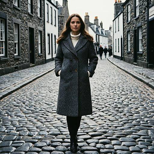 Photograph of a confident woman with light brown hair, wearing a dark gray coat, white sweater, and black pants, standing on a cobblestone