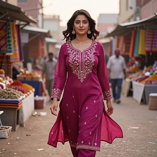 Photograph of an Indian woman with dark hair, wearing a vibrant magenta traditional salwar kameez with gold embroidery, walking confidently through a bustling