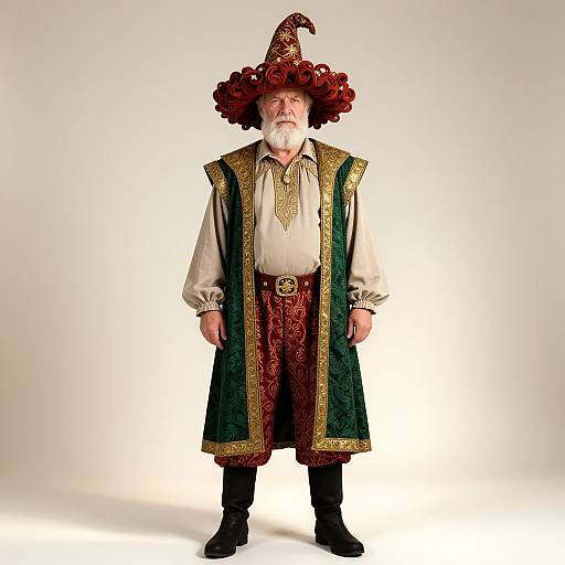 Photograph of an elderly white man with a white beard, wearing a red, flower-adorned wizard hat, green and gold embroidered robe, white