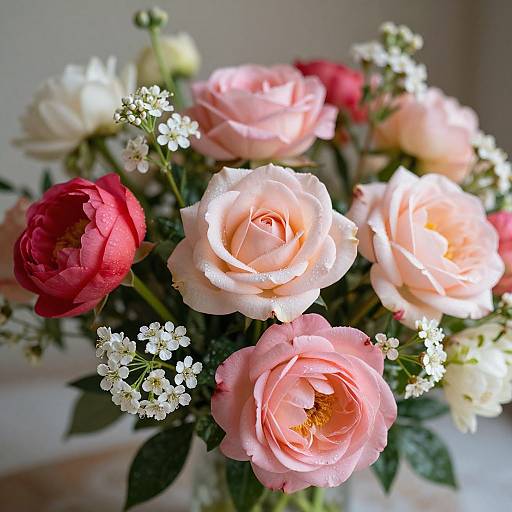 Photograph of a vibrant bouquet featuring pink, red, and white roses with small white filler flowers, set against a softly blurred background.