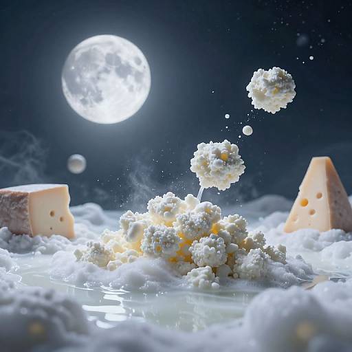 Digital artwork: Moonlit night sky with cheese cubes, floating cheese puffs, and a bright full moon above a cloudy, milk-filled scene.