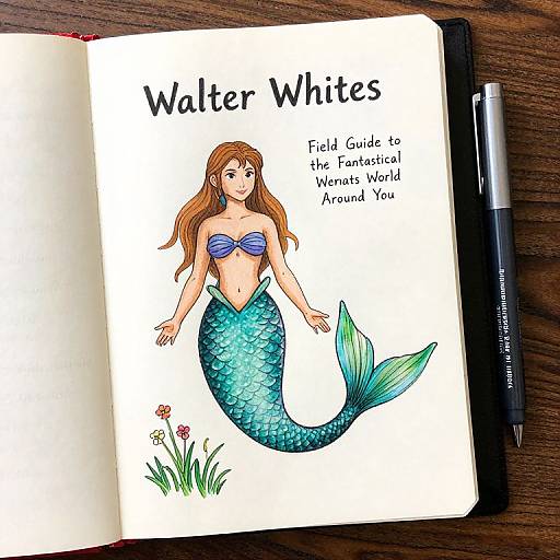 Illustrated watercolor drawing of a blue-green mermaid with long brown hair, purple shell top, and detailed scales, titled 