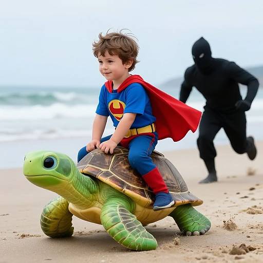 Photograph of a curly-haired toddler in a Superman costume riding a green toy turtle on a beach, with a black-cloaked figure in the background