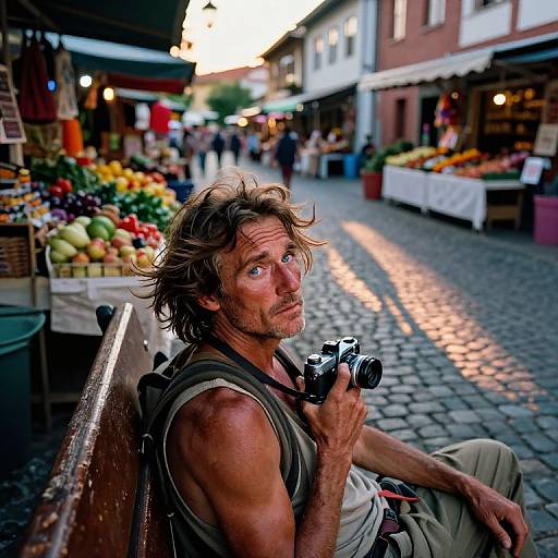 Photograph of a middle-aged, shirtless man with tousled brown hair, holding a camera, sitting on a cobblestone market street at sunset
