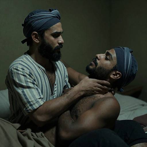 Intense Encounter in Dimly Lit Room