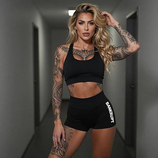 Tattooed Blonde Woman in Black Sportswear