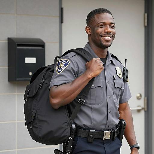 Smiling Police Officer in Grey Uniform