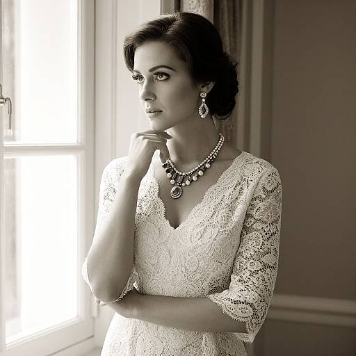 Black-and-white photograph of a woman with dark hair, wearing a lace dress, elegant necklace, and earrings, standing by a window.