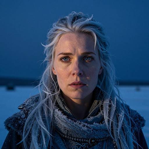 Photograph of a pale-skinned woman with long, silver-blonde hair, wearing a dark, fur-trimmed cloak, set against a