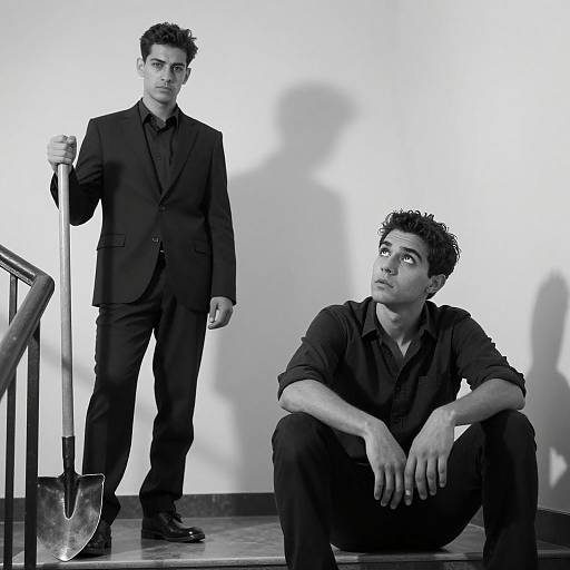 Two Men in Black and White with Shovel and Intense Expressions