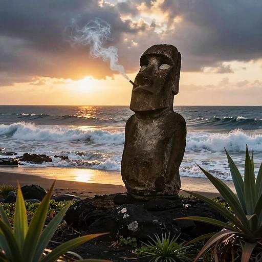 Serene Moai Statue at Ocean Sunset