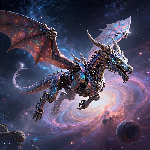 Digital art of a cybernetic dragon with glowing blue and red accents, flying through a vibrant, star-filled galaxy with swirling nebulae and planets