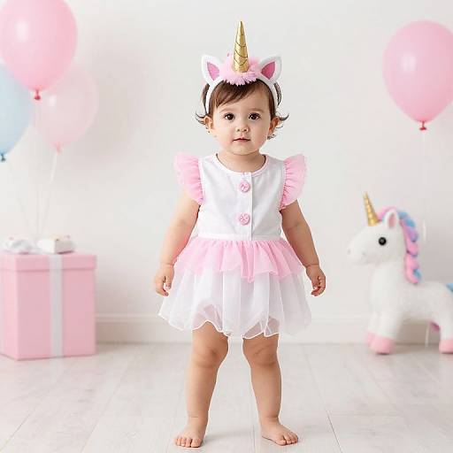 Photograph of a baby girl in a white and pink unicorn dress with horn headband, standing barefoot in a bright, balloon-decorated room