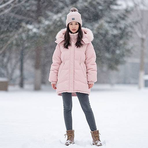 Photograph of a young Asian woman in a pink puffer coat, black pants, brown boots, and white knit hat, standing in a snowy,