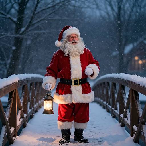 Santa Claus on Snowy Bridge at Night