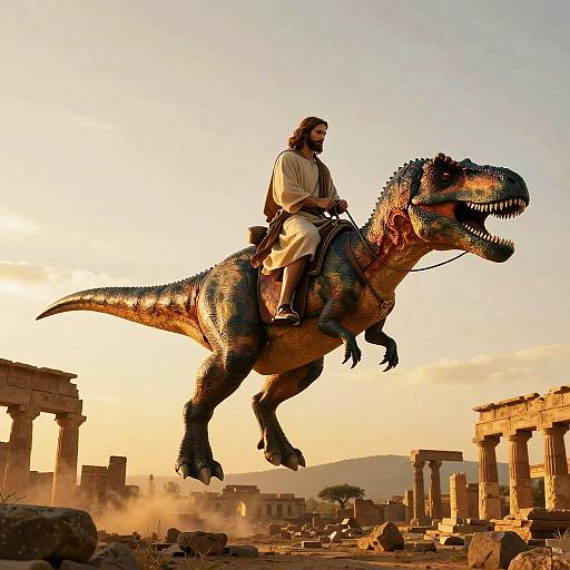 Jesus Riding Velociraptor Over Ruins