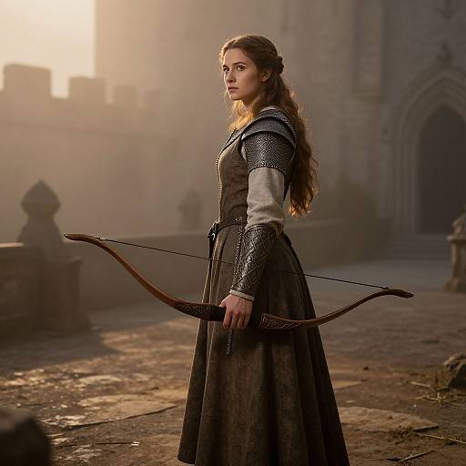 Medieval Female Archer in Misty Courtyard