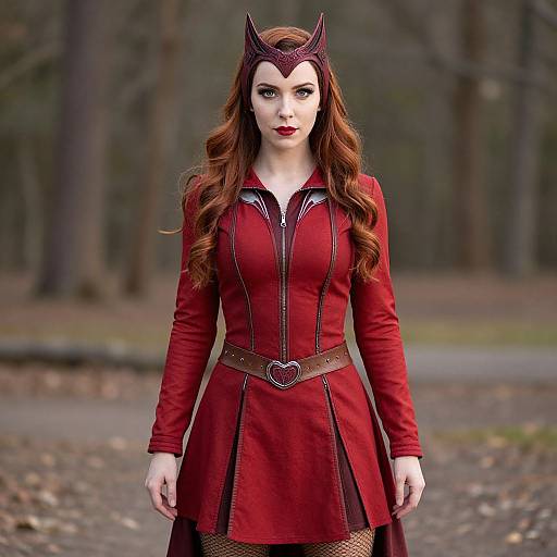 Photograph of a fair-skinned woman with long red hair, wearing a red dress, black belt with heart buckle, and dark headpiece, standing