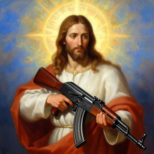 Digital painting of Jesus with long brown hair and beard, wearing white robe and red cloak, holding a black rifle against a radiant golden halo and blue background