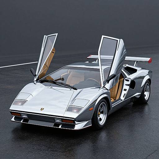 Photorealistic CGI of a sleek, white, convertible Ferrari with both doors and roof open, parked on a shiny, wet surface.