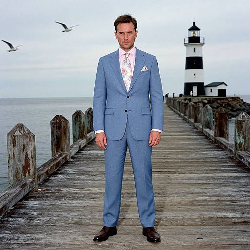 Photograph of a handsome man in a light blue suit, white shirt with pink pattern, and black shoes, standing on a weathered wooden pier with