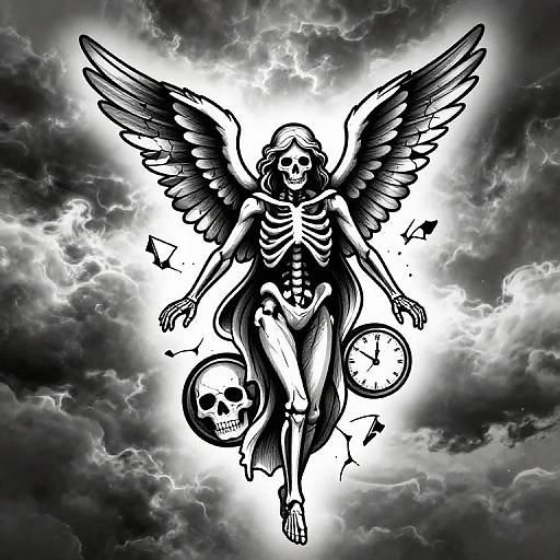 Black-and-white digital drawing of a skeletal angel with wings, holding clock and skull, amidst stormy clouds, surrounded by lightning.