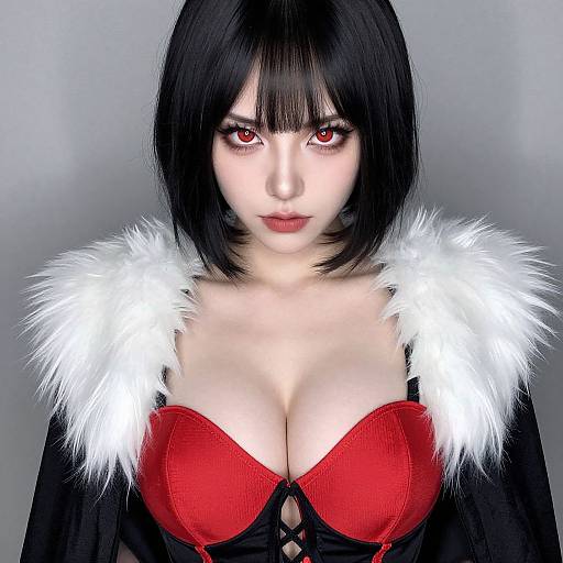 Digital artwork of a pale-skinned woman with black bob hair, red eyes, wearing a red bra, black lace-up top, and white fur shoulder