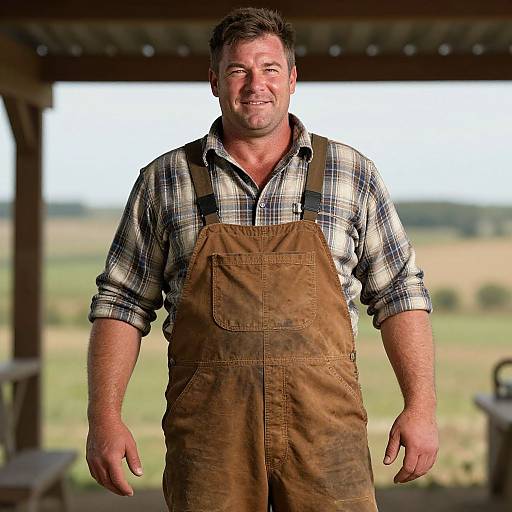 Photograph of a middle-aged, white man with short brown hair, wearing a plaid shirt and brown overalls, smiling outdoors under a wooden shelter