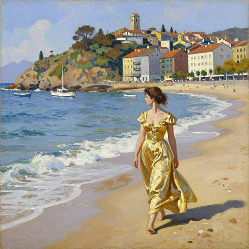 Impressionistic painting of a woman in a golden dress walking on a sunny beach with colorful coastal buildings and small boats.