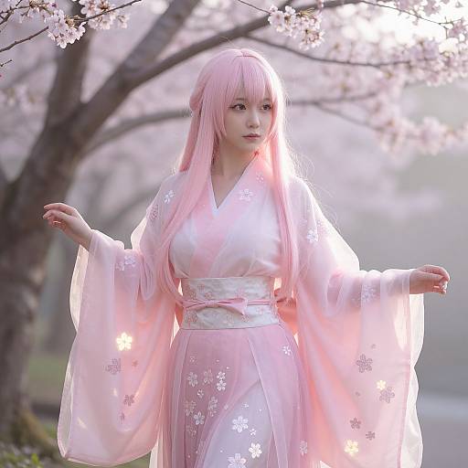 Photograph of an Asian woman with long pink hair in a pink floral kimono, standing amidst blooming cherry blossom trees.