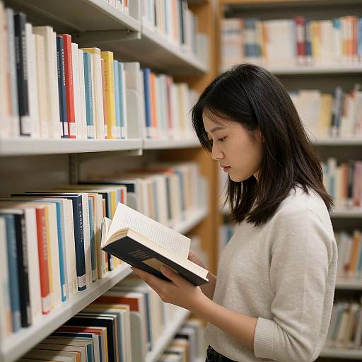 Asian woman with black hair, wearing white sweater, reading book in library; shelves filled with colorful books in background.