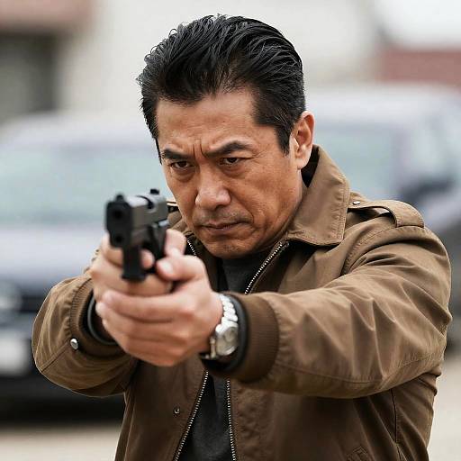 Intense Man Aiming Handgun in Urban Setting