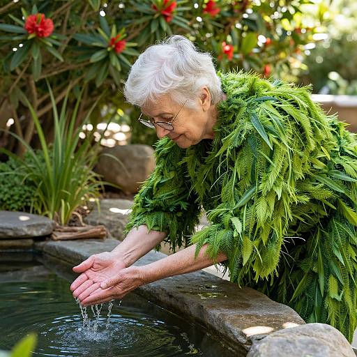 Photograph of an elderly woman with white hair and glasses, wearing a green feathered shawl, gently splashing water from a garden pond. Vibr