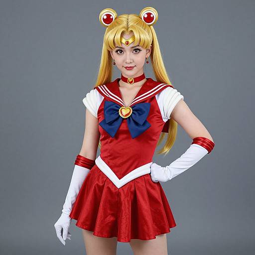 Photograph of a blonde cosplayer in a red and white Sailor Moon outfit with blue bow, white gloves, red skirt, and headpiece, standing